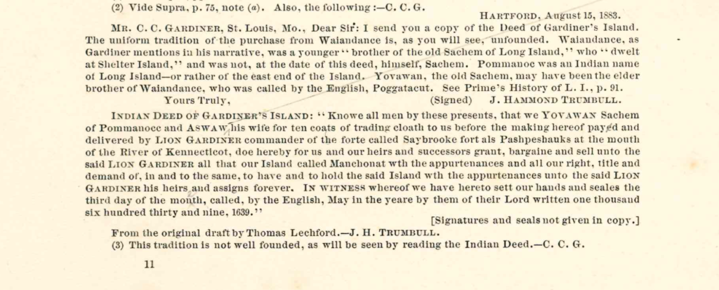 Close up of language from deed between Gardiner and the Montauk Indians.